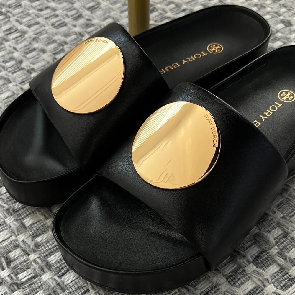 Tory Burch Black Slide Sandals with Gold Medallion Accent